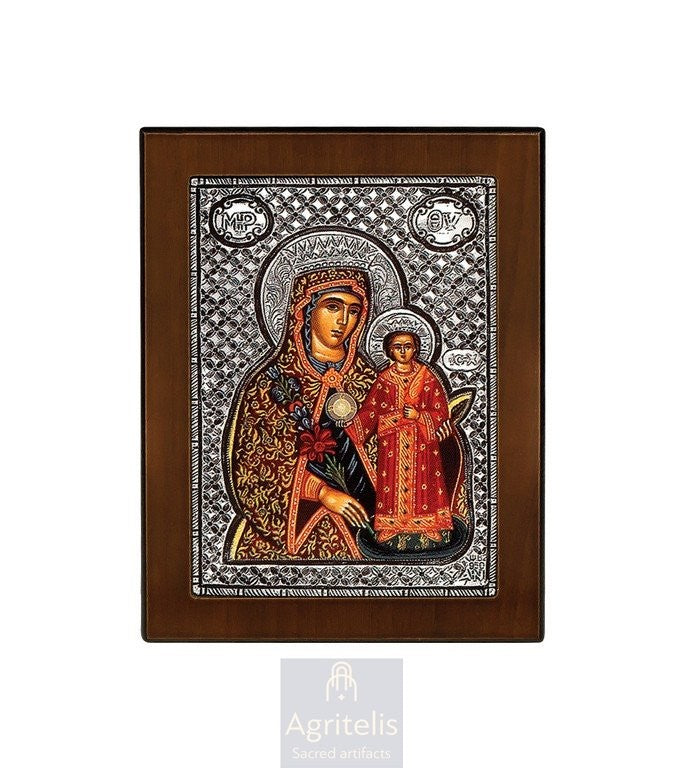 Theotokos — Unfading Rose — Screen-Printed Icon in Sterling Silver Frame — 14.6 × 11.3 cm