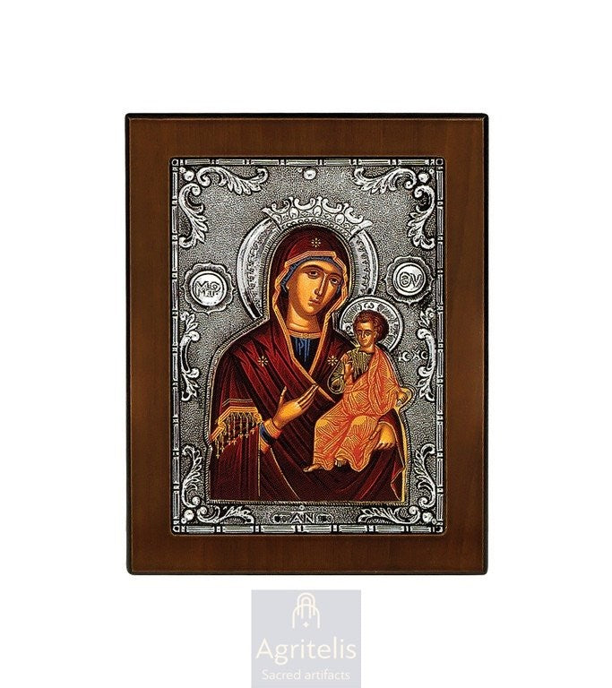 Theotokos Amolyntos — Screen-Printed Icon in Sterling Silver Frame — 14.6 × 11.3 cm
