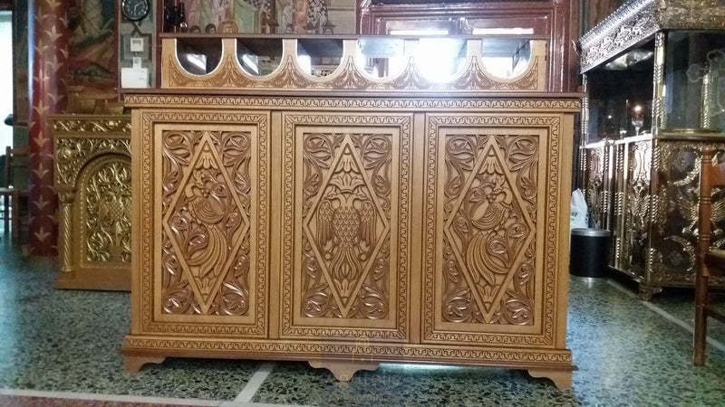 Masă pentru lumânări, sculptată în lemn, tei, stejar, Agritelis, obiecte bisericești, ieraskevi.com