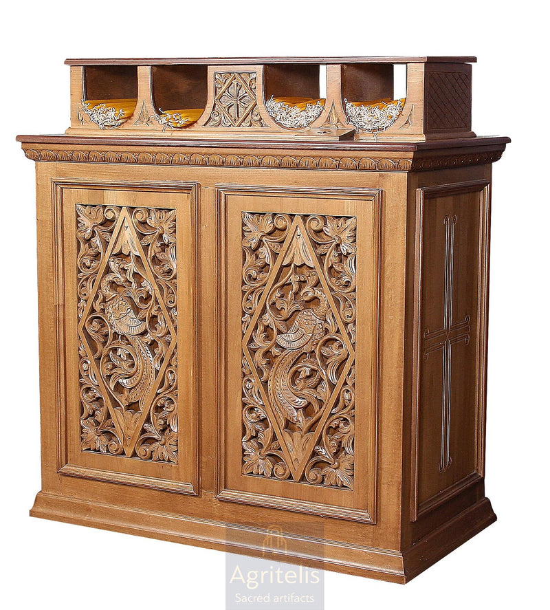 Masă pentru lumânări, sculptată în lemn, tei, stejar, Agritelis, obiecte bisericești, ieraskevi.com