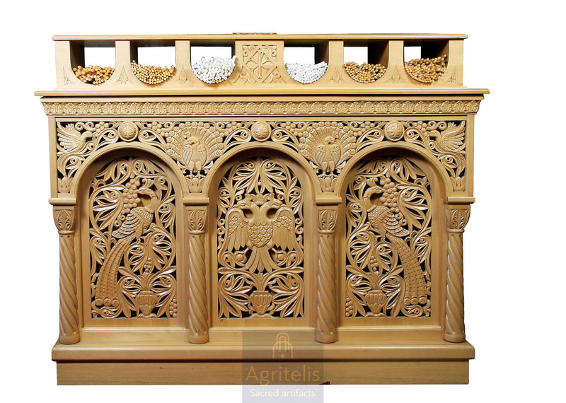 Masă pentru lumânări, sculptată în lemn, tei, stejar, Agritelis, obiecte bisericești, ieraskevi.com