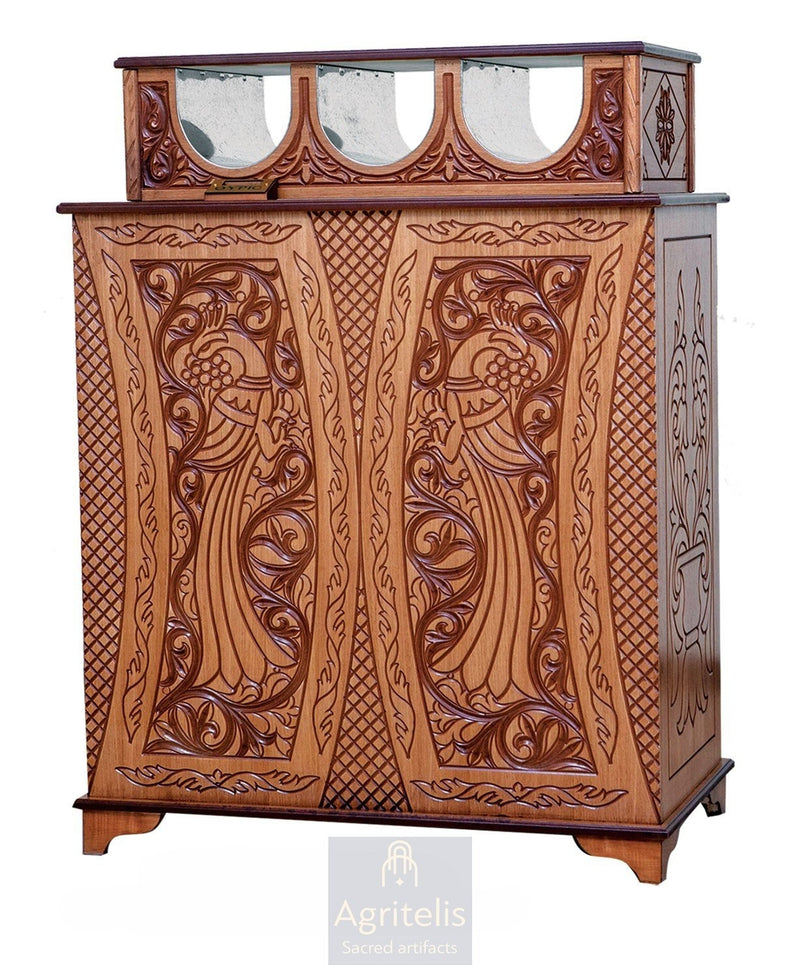 Masă pentru lumânări, sculptată în lemn, tei, stejar, Agritelis, obiecte bisericești, ieraskevi.com