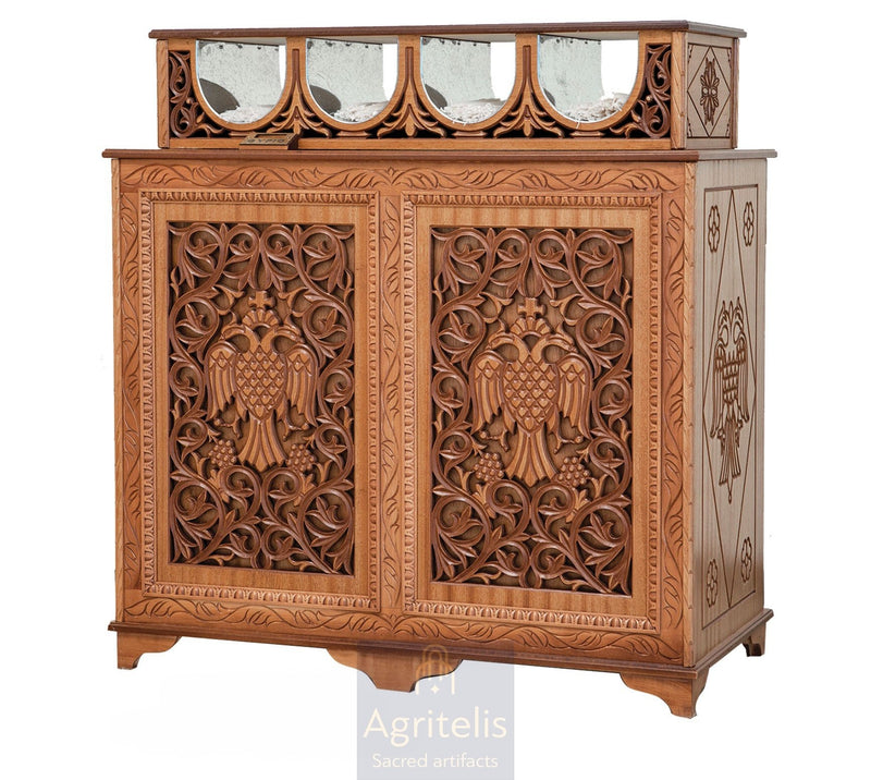 Masă pentru lumânări, sculptată în lemn, tei, stejar, Agritelis, obiecte bisericești, ieraskevi.com