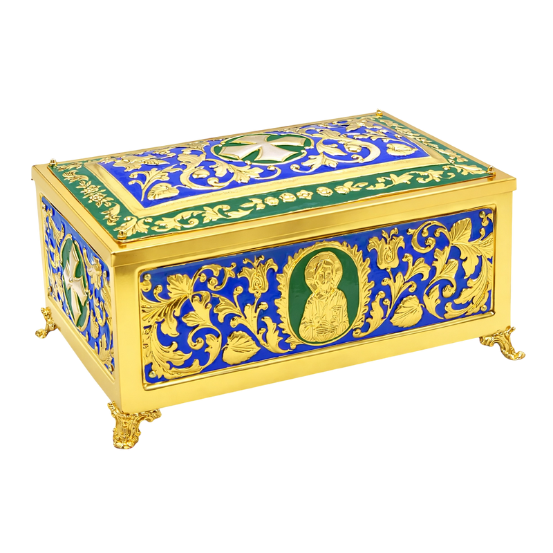 Ornate Byzantine Reliquary — Gold-Tone with Blue and Green Enamel